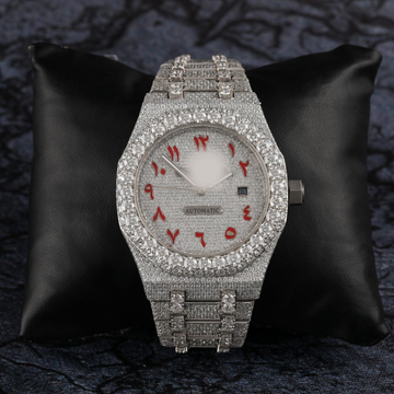 Full Iced Out Moissanite Diamond Men Watch, Stainless Steel White Gold Arabic Font Men Watch