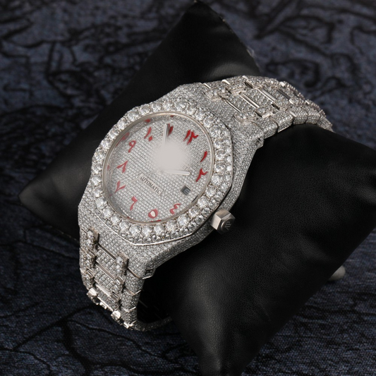 Full Iced Out Moissanite Diamond Men Watch, Stainless Steel White Gold Arabic Font Men Watch