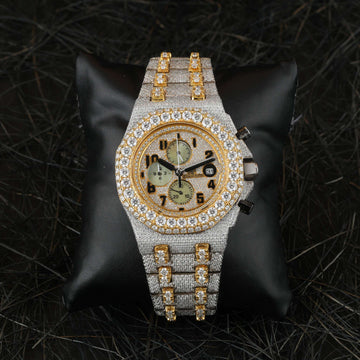 Full Iced Out Moissanite Diamond Men Watch, Stainless Steel All Chronology Working 2 Tone Gold Plated 42 mm Men Watch