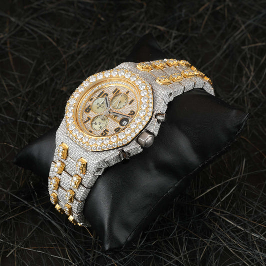 Full Iced Out Moissanite Diamond Men Watch, Stainless Steel All Chronology Working 2 Tone Gold Plated 42 mm Men Watch