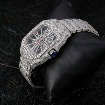 Cartier Skeleton Moissanite Diamond Men Watch, Stainless Steel White Gold Plated Men Watch