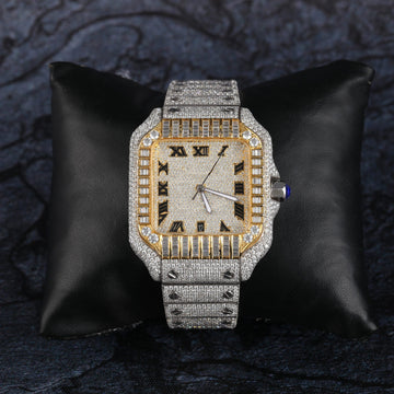 Cartier Santos Skeleton Moissanite Diamond Full Iced Out Men Watch, Stainless Steel White & Ross Gold Arabic Plated Men Watch For Birthday Gift