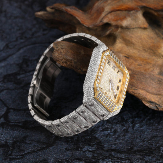 Cartier Santos Skeleton Moissanite Diamond Full Iced Out Men Watch, Stainless Steel White & Ross Gold Arabic Plated Men Watch For Birthday Gift