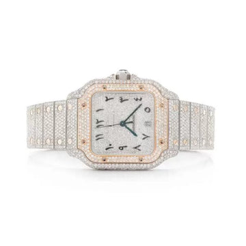 Cartier Santos VVS Diamond Men Watch, Stainless Steel White & Rose Gold Plated Arabic Men Watch