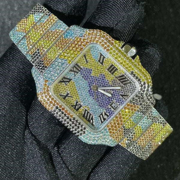 Cartier Santos Round VVS Iced Out Diamond Men Watch, Stainless Steel White Gold Plated Men Watch For Birthday Gift