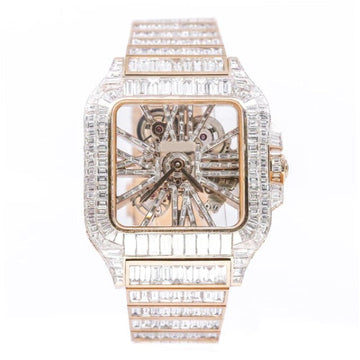 Cartier Skeleton Baguette VVS Diamond Men Watch, Stainless Steel Rose Gold Plated Men Watch
