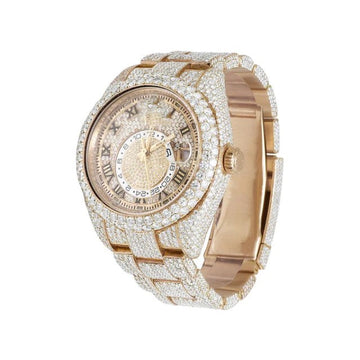 Fully Iced Out Rolex Sky Dweller 42mm Round VVS Diamond Men Watch Rose Gold Plated Stainless Steel Men Watch