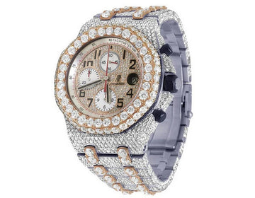 Full Iced Out VVS Diamond Men Watch, Stainless Steel All Chronology Working 2 Tone Gold Plated 42mm Men Watch