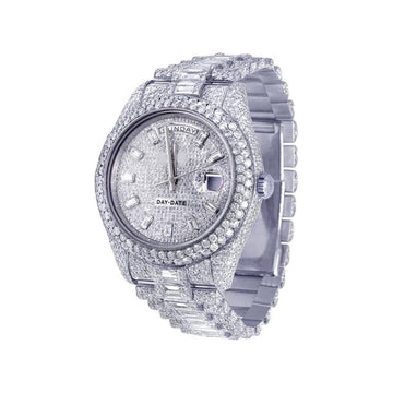Rolex Datejust Round & Baguette VVS Diamond White Gold Plated Stainless Steel Men Watch