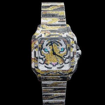 Cartier Santos Customized VVS Diamond Men Watch, Stainless Steel 2 Tone Gold Plated Men Watch For Birthday Gift
