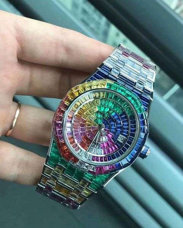 Full Iced Out Rainbow Baguette Diamond Men Watch, Stainless Steel White Gold Plated 42mm Men Watch