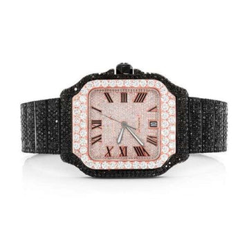Cartier Santos Black And White VVS Diamond Men Watch, Stainless Steel Black & Rose Gold Plated Men Watch