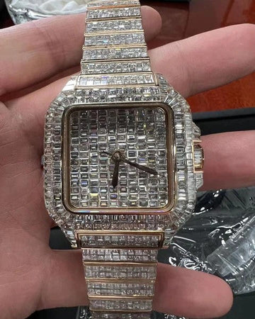 Cartier Santos Baguette VVS Diamond Men Watch, Stainless Steel Rose Gold Plated Men Watch For Birthday Gift`