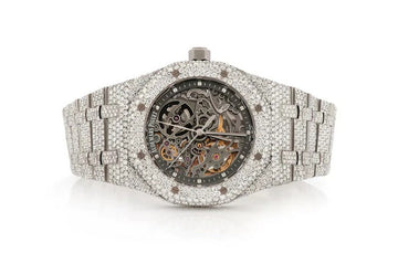 Skeleton VVS Diamond Fully Iced Out Men Watch, Stainless Steel Skeleton White Gold Plated VVS Diamond Watch For Men