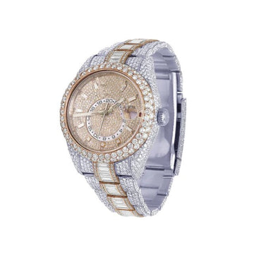 Rolex Sky Dweller 42mm Baguette & Round VVS Diamond Men Watch,White & Rose Gold 2 Tone Plated Stainless Steel Men Watch