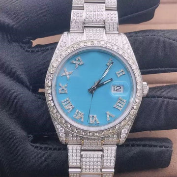 SkyBlue Dial VVS Diamond Men Watch, 41mm Dial White Gold Plated Stainless Steel Men Watch