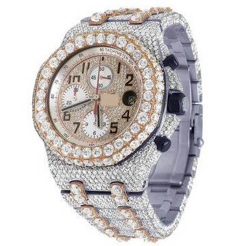 Full Iced Out VVS Diamond Men Watch, Stainless Steel All Chronograph Working 2 Tone Gold Plated Arabic 42mm Men Watch