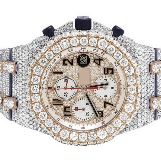 Full Iced Out VVS Diamond Men Watch, Stainless Steel All Chronograph Working 2 Tone Gold Plated Arabic 42mm Men Watch