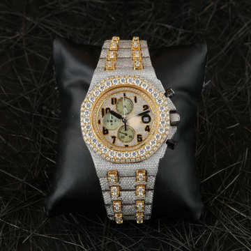Full Iced Out VVS Diamond Men Watch, Stainless Steel All Chronograph Working 42mm Men Watch, Yellow Gold Plated Birthday Gift Watch