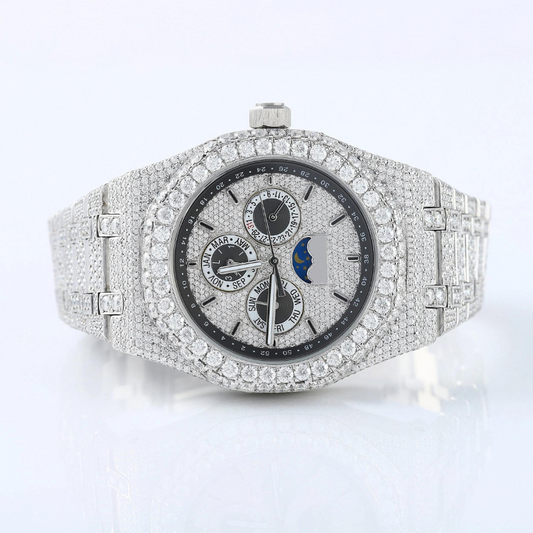 SILVER MENS MOISSANITE HIP HOP ICED OUT BLING BUST DOWN WATCH