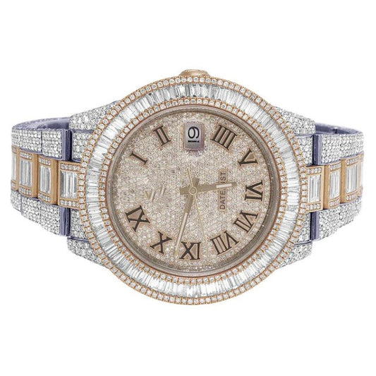 Baguette & Round VVS Diamond Rolex Datejust  Rose & White Gold 2 Tone Plated Stainless Steel Men Watch