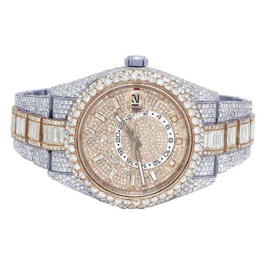 Rolex Sky Dweller 42mm Baguette & Round VVS Diamond Men Watch,White & Rose Gold 2 Tone Plated Stainless Steel Men Watch