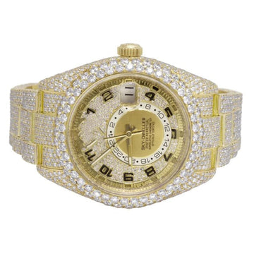 Rolex Sky Dweller 42mm Round VVS Diamond Men Watch, Yellow Gold Plated Stainless Steel Men Watch