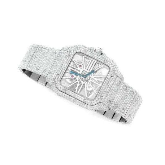 Cartier Santos Skeleton VVS Diamond Men Watch, Stainless Steel White Gold Plated Men Watch