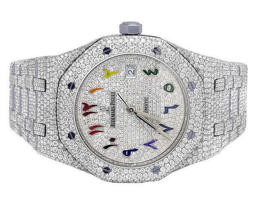 Full Iced Out VVS Diamond Men Watch, Stainless Steel White Gold Plated Arabic Font 42mm Men Watch