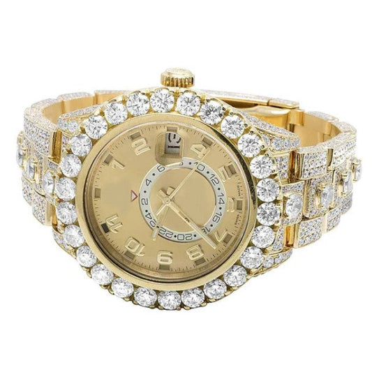 Rolex Sky Dweller 42mm Gold Round Dial VVS Diamond Men Watch, Yellow Gold Plated Stainless Steel Men Watch