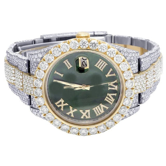 Fresh Fashionable VVS Diamond Men Watch, Green 41mm Dial White Gold Plated Stainless Steel Men Watch