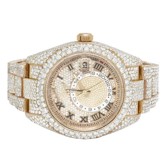 Fully Iced Out Rolex Sky Dweller 42mm Round VVS Diamond Men Watch Rose Gold Plated Stainless Steel Men Watch