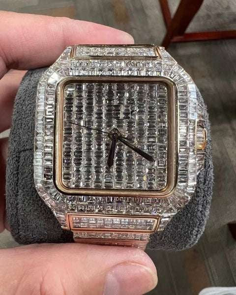Cartier Santos Baguette VVS Diamond Men Watch, Stainless Steel Rose Gold Plated Men Watch For Birthday Gift`