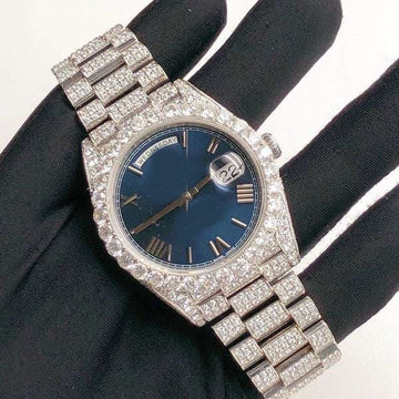 Blue Dial VVS Diamond Men Watch, 41mm Dial White Gold Plated Stainless Steel Men Watch