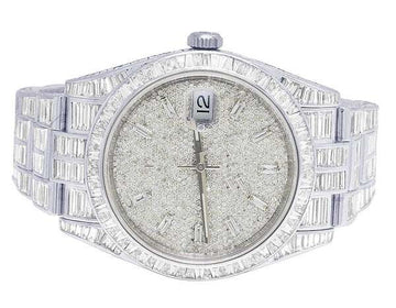 White Gold Plated Stainless Steel Men Watch For Gift,Baguette Fully Iced Out Birthday Gift Watch For Him