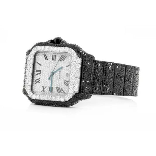 Cartier Santos Black And White VVS Diamond Men Watch, Stainless Steel Black & White Gold Plated Men Watch For Birthday Gift