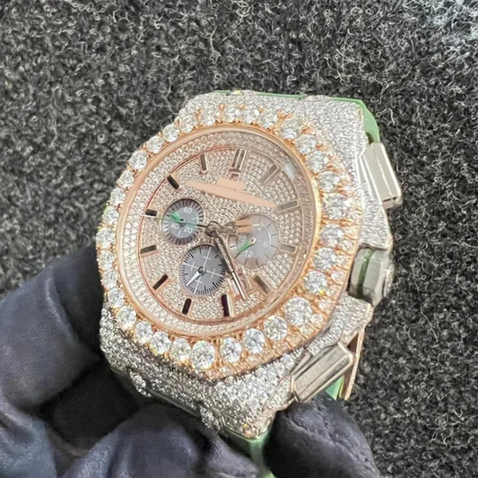 Full Iced Out VVS Diamond Men Watch, Green Silicon Band All Chronology Working 42mm Men Watch