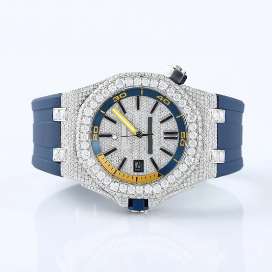 MEN'S WATCH WITH BLUE SILICONE BAND ,ICED OUT VVS MOISSANITE DIAMOND AUTOMATIC MOVEMENT WATCH
