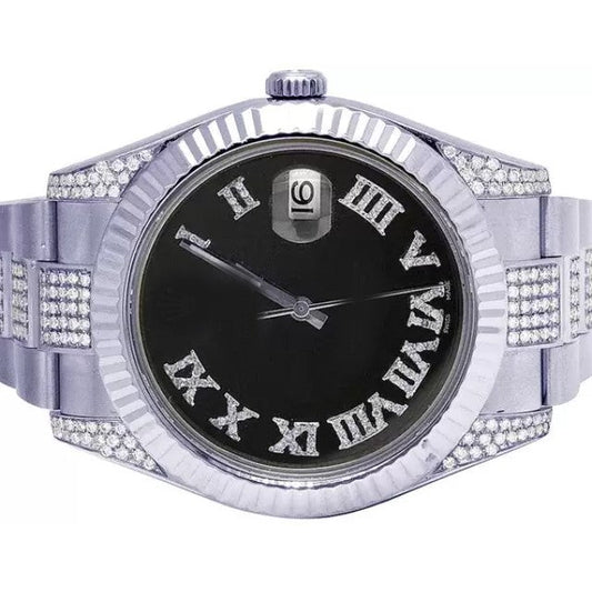 Premium quality VVS Diamond Men Watch, Black 40mm Dial White Gold Plated Stainless Steel Men Watch For Gift, Fully Iced Out Birthday Gift Watch For Him