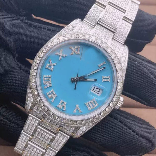 SkyBlue Dial VVS Diamond Men Watch, 41mm Dial White Gold Plated Stainless Steel Men Watch