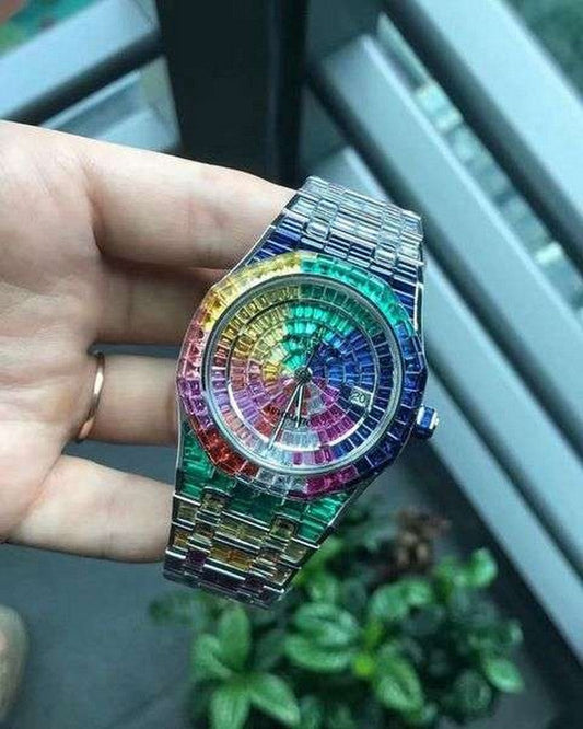 Full Iced Out Rainbow Baguette Diamond Men Watch, Stainless Steel White Gold Plated 42mm Men Watch