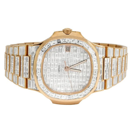 Patek Philippe Baguette VVS Diamond Men Automatic Watch, Rose Gold Plated Men Watch