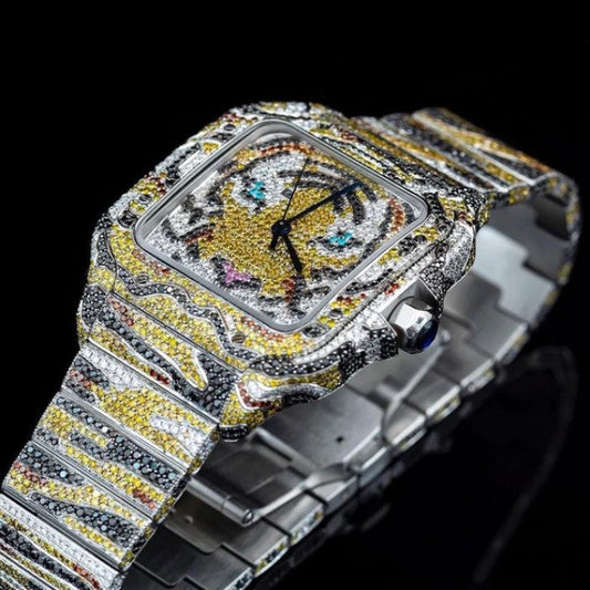 Cartier Santos Customized VVS Diamond Men Watch, Stainless Steel 2 Tone Gold Plated Men Watch For Birthday Gift