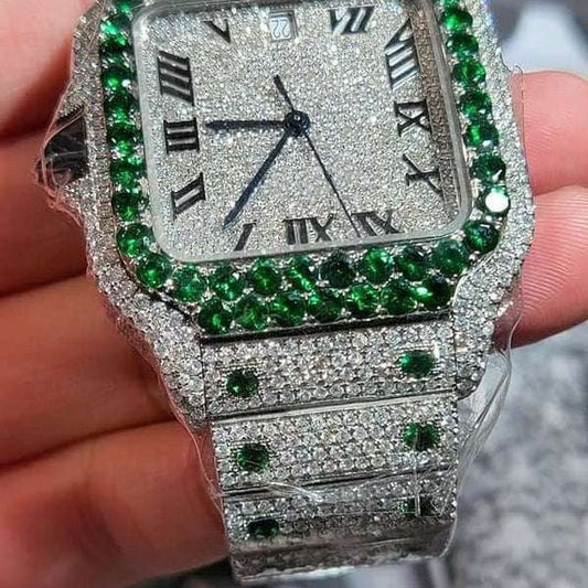 Cartier Santos VVS Diamond Men Watch, Stainless Steel White Gold Plated Men Watch