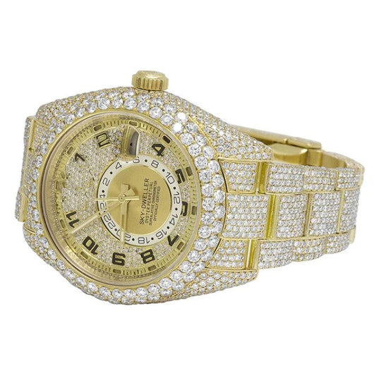 Rolex Sky Dweller 42mm Round VVS Diamond Men Watch, Yellow Gold Plated Stainless Steel Men Watch