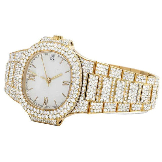 Patek Philippe Geneve Round VVS Diamond Men Automatic Watch, Yellow Gold Plated Men Watch