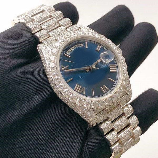 Blue Dial VVS Diamond Men Watch, 41mm Dial White Gold Plated Stainless Steel Men Watch