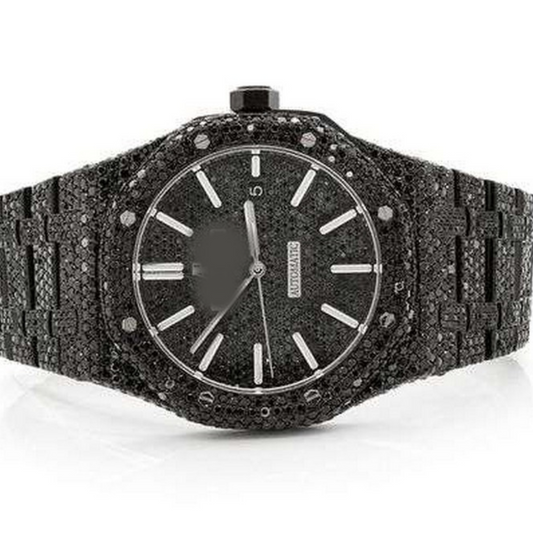 Full Iced Out Black VVS Diamond Men Watch, Stainless Steel Black Gold Plated 42mm Men Watch