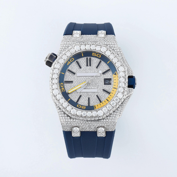 MEN'S WATCH WITH BLUE SILICONE BAND ,ICED OUT VVS MOISSANITE DIAMOND AUTOMATIC MOVEMENT WATCH