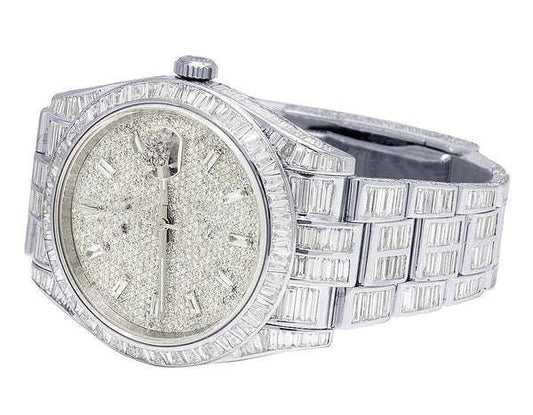 White Gold Plated Stainless Steel Men Watch For Gift,Baguette Fully Iced Out Birthday Gift Watch For Him